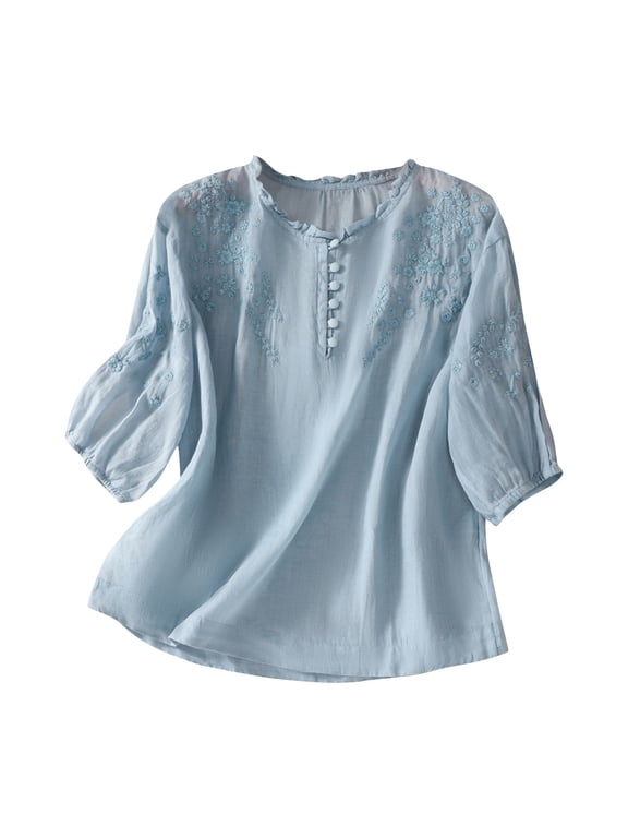 Vintage 3/4 Sleeve Linen Tunic Tops for Women Floral Embroidered Tops Peasant Blouse Boho Shirts Bohemian Casual Tee