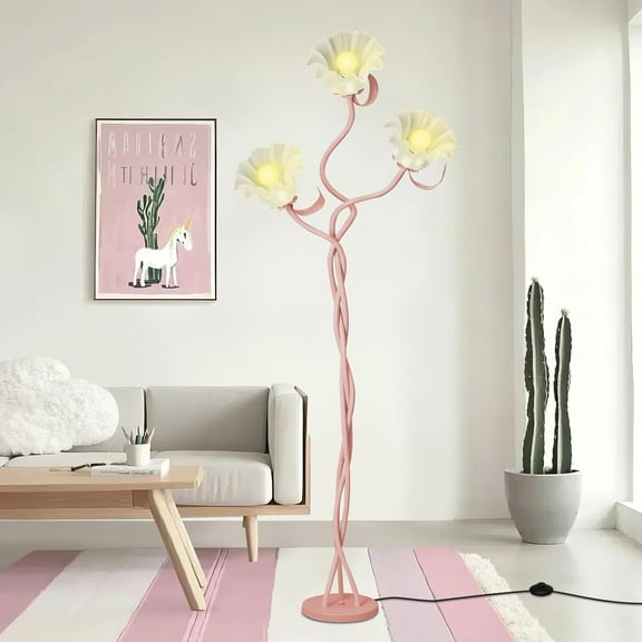 Vintage 3 Heads Flower Floor Lamp for Living Room,3 Color Modes LED Modern Corner Standing Lamp with Goosenecks, Bright Tall Cute Dimmable Lamp for Kids Reading Girls' Bedroom Office Home Decor(Pink)