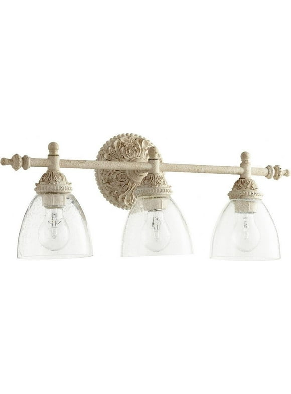 Vintage 3-Light Bathroom Light Fiture in Persian White Finish with Clear Seeded Glass Shades 24 inches W  9.75 inches H Bailey Street Home