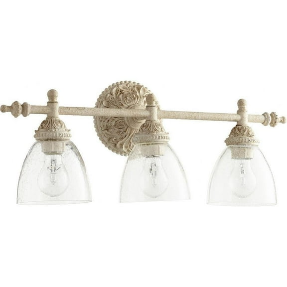 Vintage 3-Light Bathroom Light Fiture in Persian White Finish with Clear Seeded Glass Shades 24 inches W 9.75 inches H Bailey Street Home
