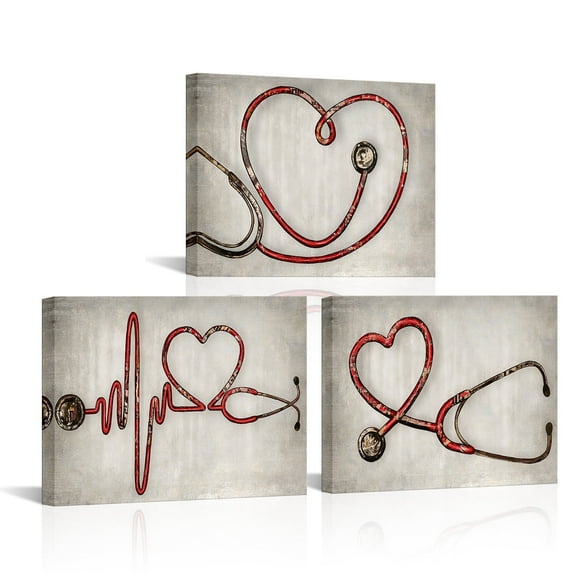 Vintage 3 Panel Background Shape Of Heart Red Stethoscope Modern Abstract Canvas Wall Art Hanging Paintings Modern Artwork Picture Prints Home Decoration Gift