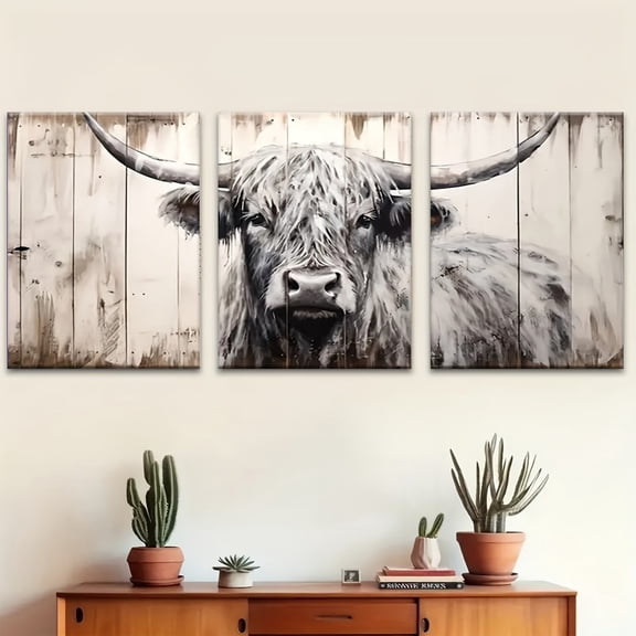Vintage 3-Piece Highland Cow Canvas Decor for Living Room Bedroom
