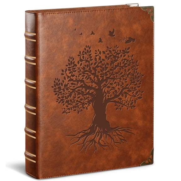 Vintage 3 Ring Binder, 1 Inch O Ring Loose Leaf Organizer | Fits 200 Sheets of 8.5"x 11" Paper, Notebook Cover with Ribbed Spine for School Home Office Supplies, Brown Tree