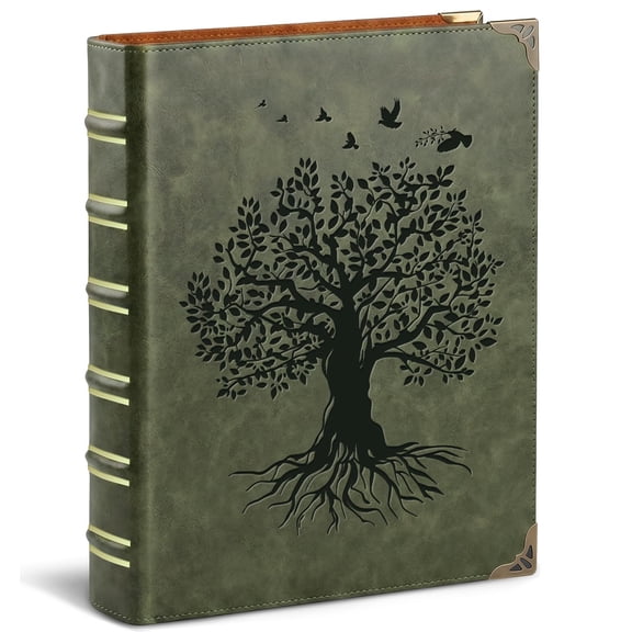Vintage 3 Ring Binder, 1 Inch O Ring Loose Leaf Organizer | Fits 200 Sheets of 8.5"x 11" Paper, Notebook Cover with Ribbed Spine for School Home Office Supplies, Green Tree