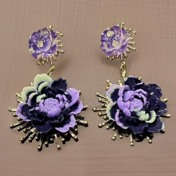 Vintage 3" pierced gold and purple double flower earrings