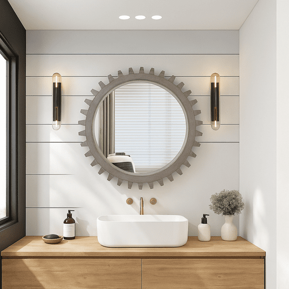 Vintage 34'' x 34'' Wood Round Hanging Gear Shape Heavy Decorative Mirror For Bathroom Living Room Entryway Or Put Together To Your Liking(Antique Dark Brown)