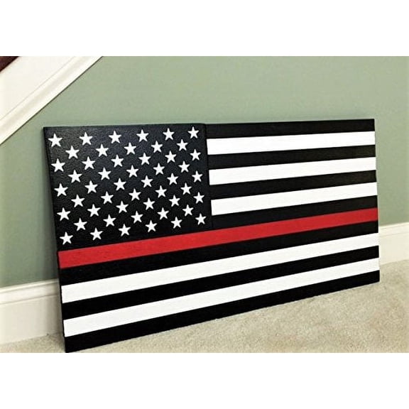 Vintage 36" x 19" Large Hand-Crafted Thin Red Line Firemen Firefighter Wood Flag Honoring Our Firefighters & Fire Departments. Handmade