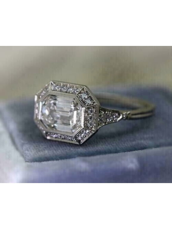 Vintage 3CT Emerald Lab Created Diamond Art Deco Engagement 14K White Plated