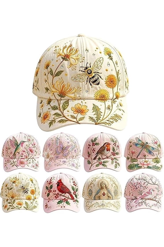 Vintage 3D Floral Bird Embroidered Baseball Cap, Soft Washed Cotton Curved Brim Sun Hat, Butterfly Dragonfly Bee Cardinal Robin Flower Embroidery Casual Outdoor Sports Hat for Women, Bee