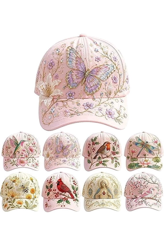 Vintage 3D Floral Bird Embroidered Baseball Cap, Soft Washed Cotton Curved Brim Sun Hat, Butterfly Dragonfly Bee Cardinal Robin Flower Embroidery Casual Outdoor Sports Hat for Women, Butterfly