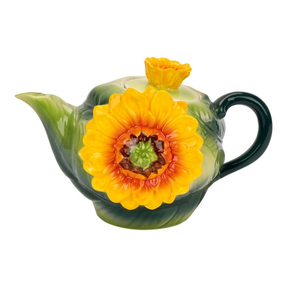 Vintage 3D Flower Porcelain Teapot 20oz for 2 with Embossed Sunflowers and Enamel Finish, Floral Farmhouse Home Tableware Decor and Elegant Gift for Her