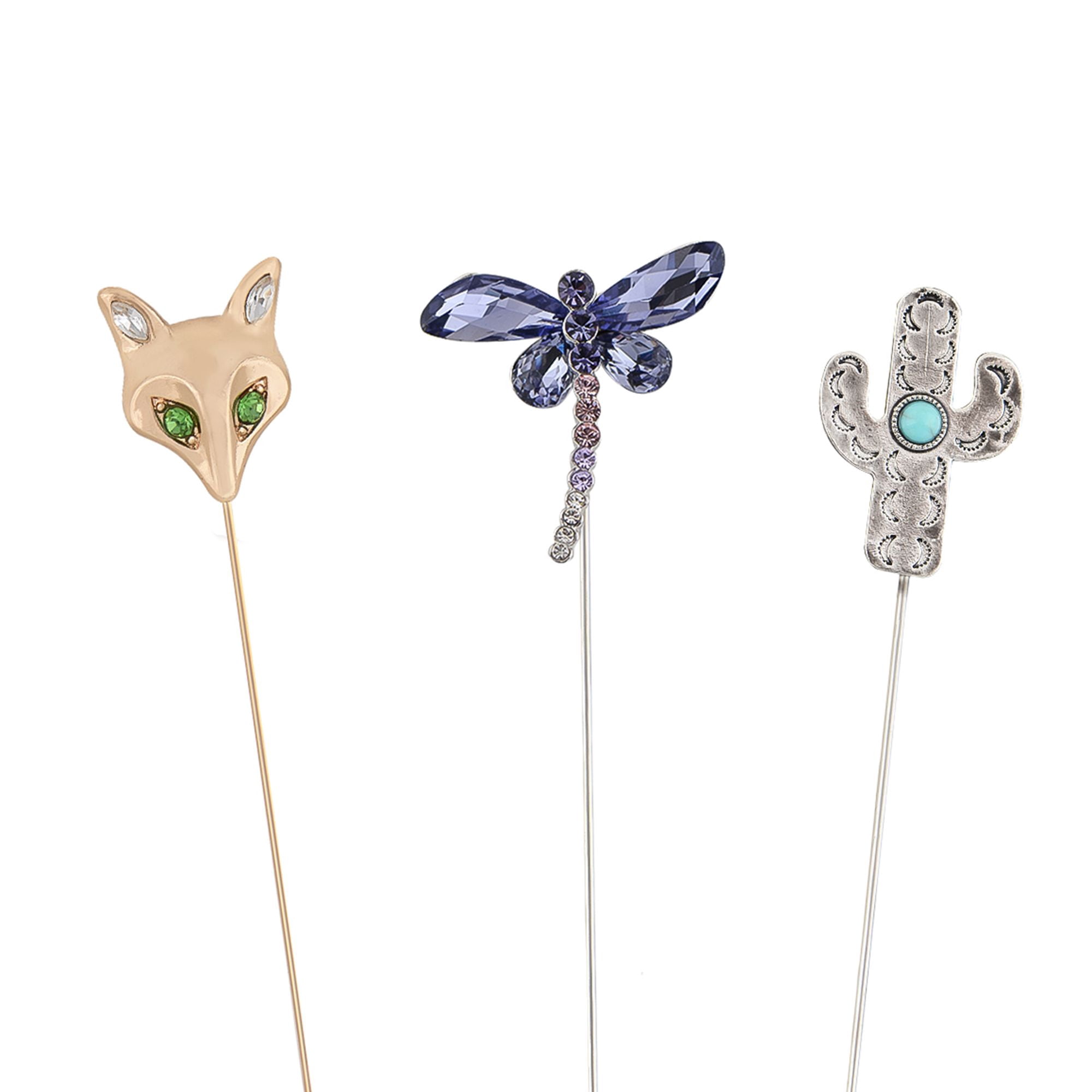 Vintage 3Pcs Long Stick Hat Pins Crystal Flower Butterfly and Pearl Details for Classic Hat Lapel and Scarf Accessorizing - 3pcs Animal