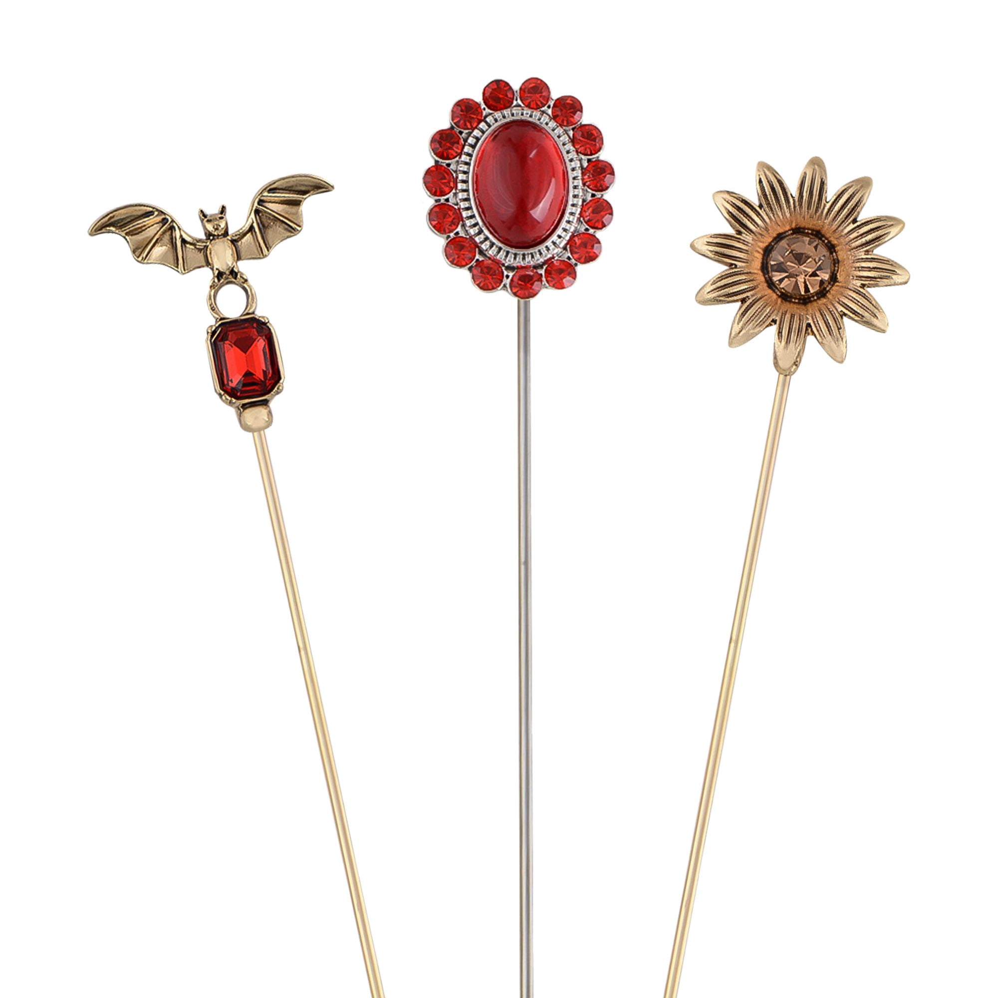 Vintage 3Pcs Long Stick Hat Pins Crystal Flower Butterfly and Pearl Details for Classic Hat Lapel and Scarf Accessorizing - 3pcs Bat