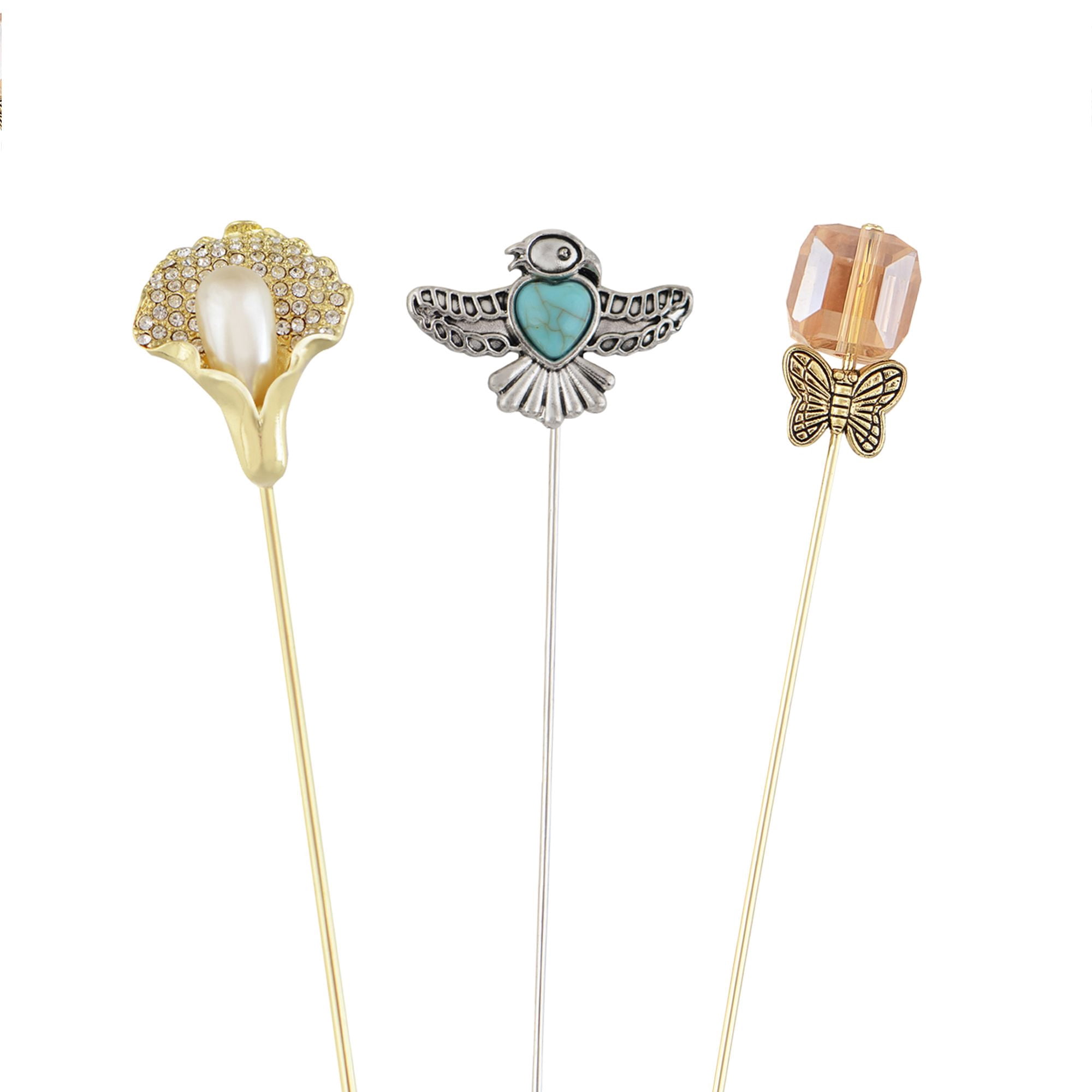 Vintage 3Pcs Long Stick Hat Pins Crystal Flower Butterfly and Pearl Details for Classic Hat Lapel and Scarf Accessorizing - 3pcs Bead