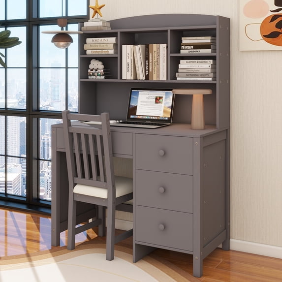 Vintage 40'' Home Executive Desk and Upholstered Chair Set with Bookshelf, Computer Desk with Four Drawers, Storage Shelf, and Chair, Ideal for Office or Study in Bedroom or Living Room, Gray