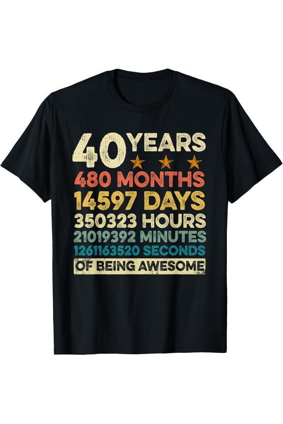 Vintage 40th Birthday Gift 40 Years Old 480 Months T-ShirtMen and women, Black T-shirt, size: Extra large
