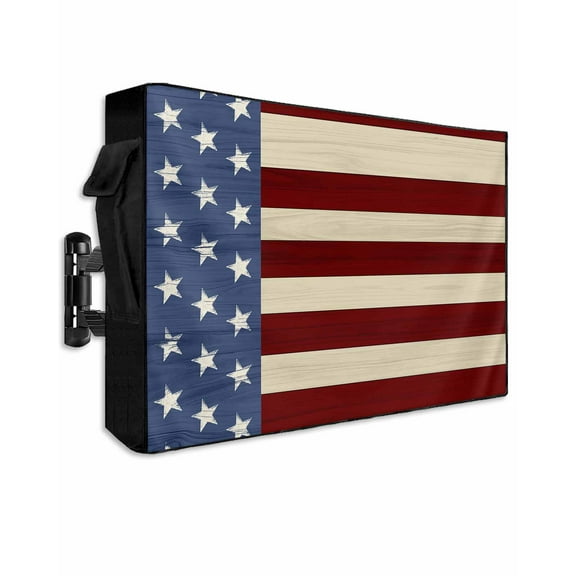 Vintage 4th of July Outdoor TV Cover 70 to 75 Inch Weatherproof, Independence Day Red Blue 600D Oxford TV Covers with Waterproof Zipper, Outside Flat TV Screen Protector Size 68"W x 42"H x 4.5"D