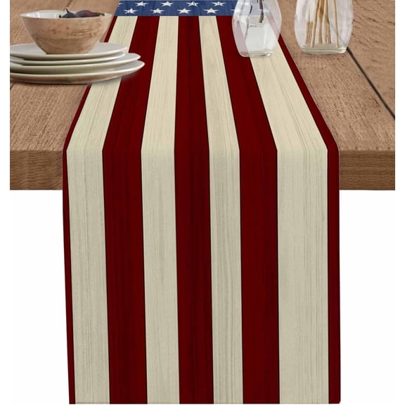 Vintage 4th of July Table Runner, Washable Cotton Linen Table Runners 36 Inches Long, Independence Day Red Blue Dresser Scarf Runner for Nightstand/End Tables/Round Tables 13''''x36''''