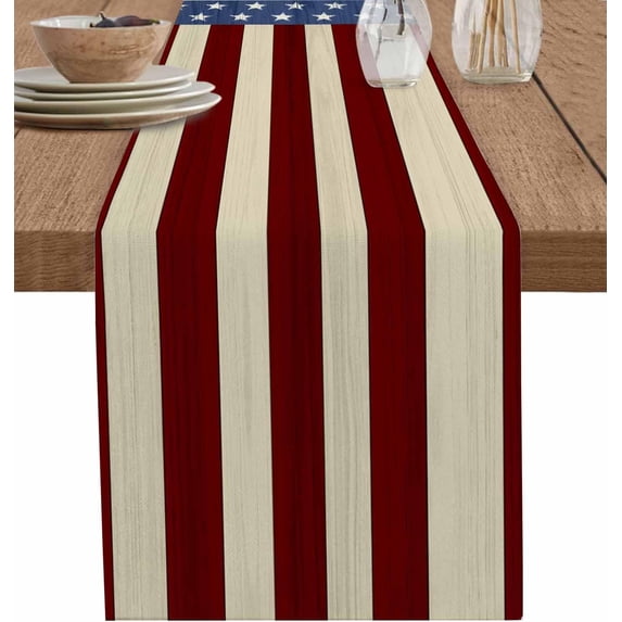 Vintage 4th of July Table Runner, Washable Cotton Linen Table Runners 90 Inches Long, Independence Day Red Blue Dresser Scarf Runner for Dining/Coffee/Kitchen/Hallway Tables 13.8''''x90''''