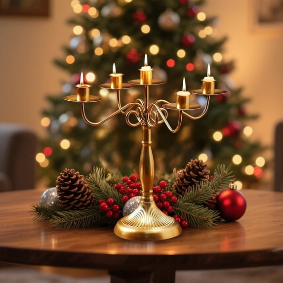 Vintage 5 Arm Candelabra for Romantic Dinner, Gold Iron Taper Candle Holder, Wedding Reception Centerpiece, Detachable for Easy Storage Gold