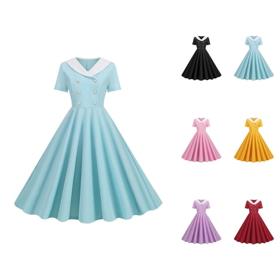 Vintage 50s Cocktail Flowy Dresses for Women Short Sleeve V Neck Double Breasted Lapel Collar A Line Prom Midi Dress