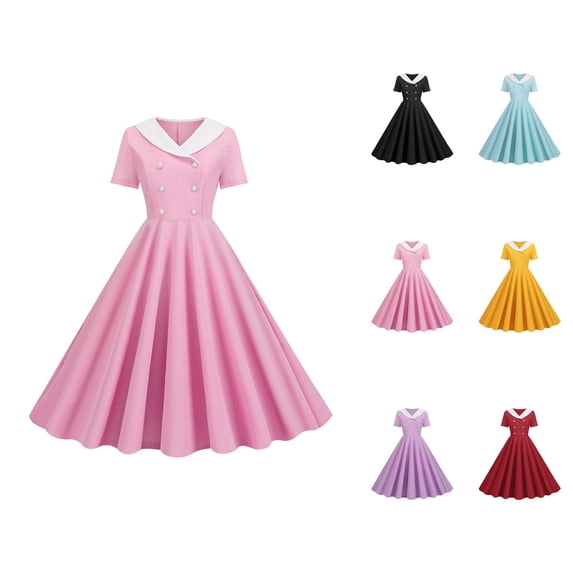 Vintage 50s Cocktail Flowy Dresses for Women Short Sleeve V Neck Double Breasted Lapel Collar A Line Prom Midi Dress