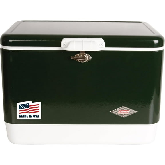 Vintage 54qt Steel Belted Cooler, Keeps Ice Up to 4 Days, 85-Can Capacity Hard Cooler with Drain & Have-A-Seat Lid
