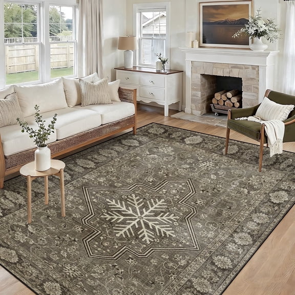 5x7 Washable Area Rug Non-Slip Low Profile Vintage Distressed Oriental Rug for Living Room, Bedroom, Dining Room, Office, Brown