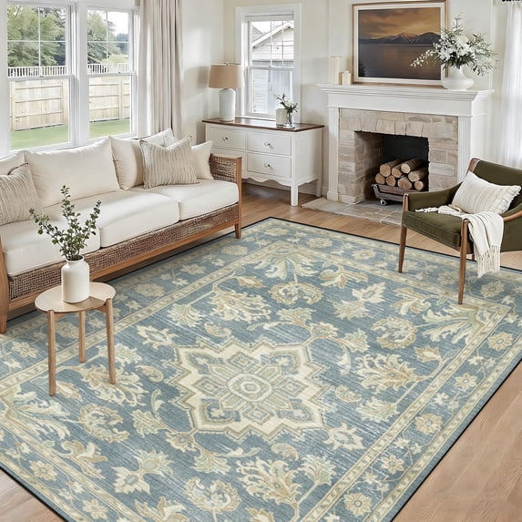 5x7 Washable Area Rug Non-Slip Low Profile Vintage Distressed Oriental Rug for Living Room, Bedroom, Dining Room, Office