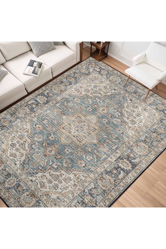 5x7 Washable Non Slip Area Rug, Vintage Distressed Oriental Medallion Teal Blue Low Pile Large Soft Indoor Floor Carpet for Living Room Bedroom