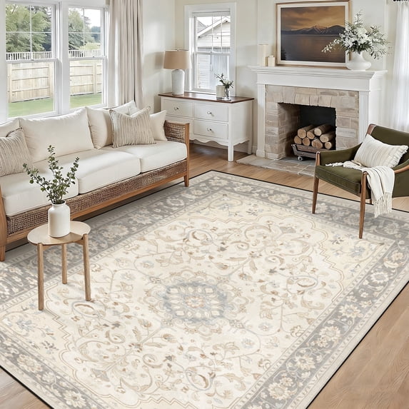 5x7 Washable Area Rug Non-Slip Low Profile Vintage Distressed Oriental Rug for Living Room, Bedroom, Dining Room, Office