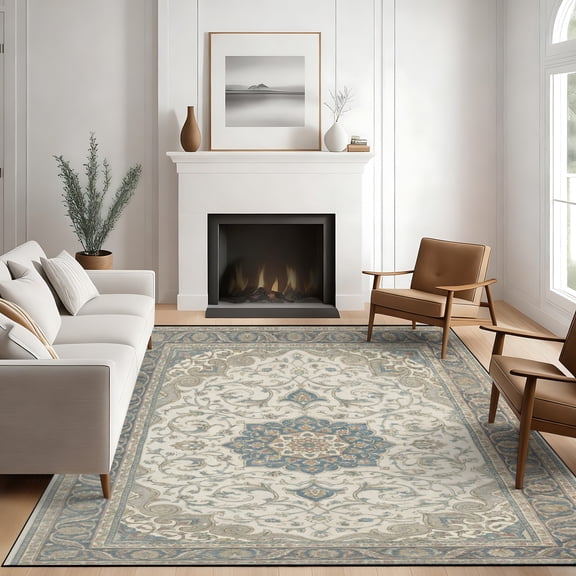 5x7 Washable Area Rug Non Slip Vintage Distressed Oriental Rugs for Living Room Bedroom, Neutral Cream Blue Large Soft Floor Carpet