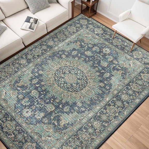 5x7 Washable Non Slip Area Rug, Vintage Distressed Teal Turquoise Medallion, Large Soft Low Pile Floor Carpet for Living Room Bedroom
