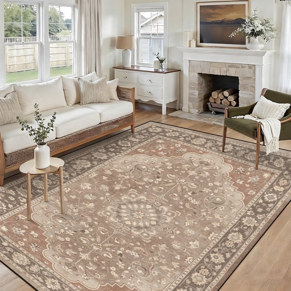 5x7 Washable Area Rug Non-Slip Low Profile Vintage Distressed Oriental Rug for Living Room, Bedroom, Dining Room, Office
