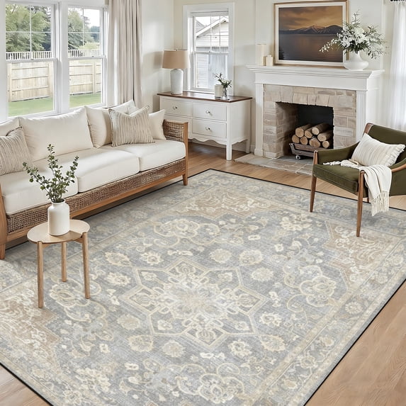 5x7 Washable Area Rug Non-Slip Low Profile Vintage Distressed Oriental Rug for Living Room, Bedroom, Dining Room, Office