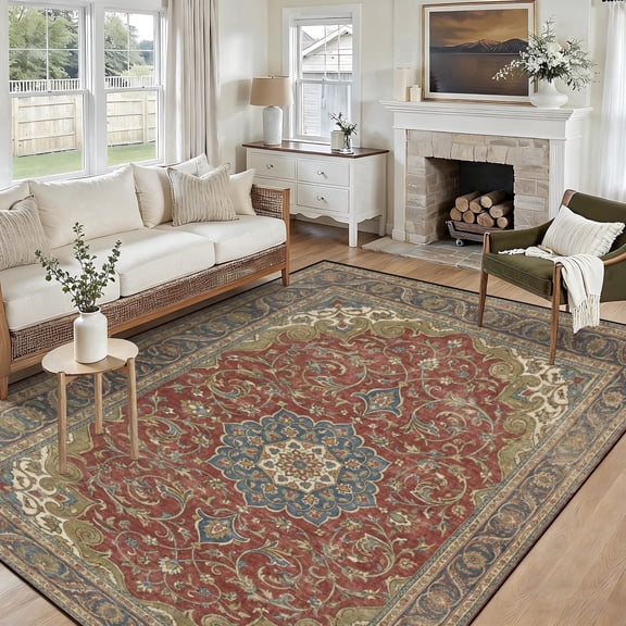 5x7 Washable Area Rug Non-Slip Low Profile Vintage Distressed Oriental Rug for Living Room, Bedroom, Dining Room, Office