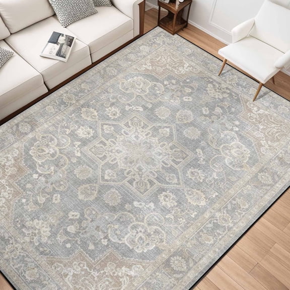 5x7 Washable Non Slip Area Rug, Vintage Distressed Oriental Fog Gray Greige Medallion, Low Pile Soft Indoor Floor Carpet for Living Room Bedroom