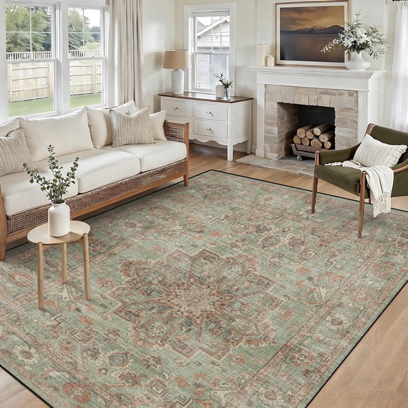 5x7 Washable Area Rug Non-Slip Low Profile Vintage Distressed Oriental Rug for Living Room, Bedroom, Dining Room, Office