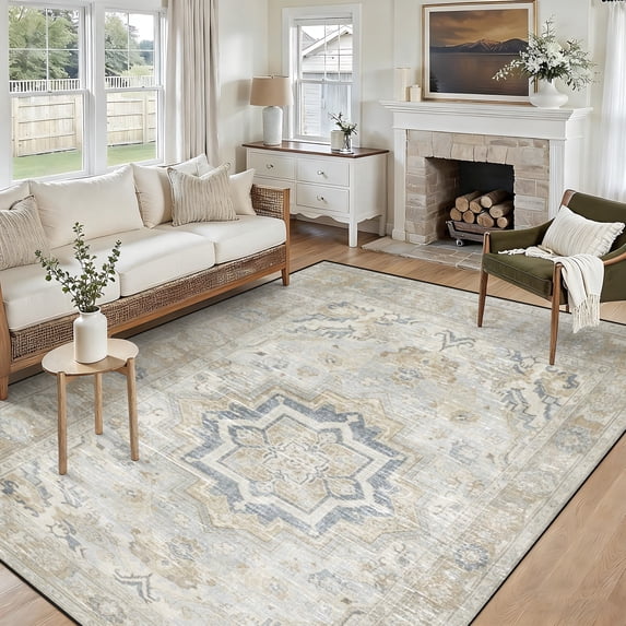 5x7 Washable Area Rug Non-Slip Low Profile Vintage Distressed Oriental Rug for Living Room, Bedroom, Dining Room, Office