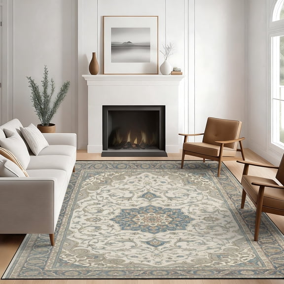 5x7 Washable Area Rug Non Slip Vintage Distressed Oriental Rugs for Living Room Bedroom, Neutral Cream Blue Large Soft Floor Carpet