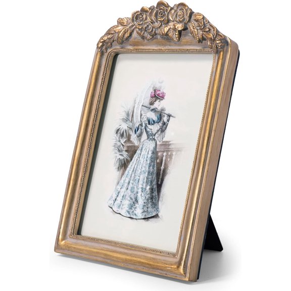 Vintage 5x7 Picture Frame with Flower Antique Ornate Table Top and Wall Mounting Photo Frame with High Definition Glass Front for Home Decor, Photo Gallery, Art(5x7, Gold)