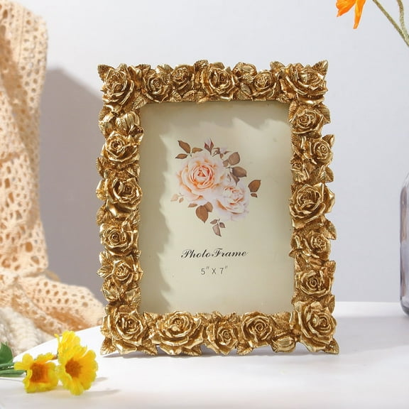 Vintage 5x7 Picture Frame - Rose Gold Flower Leaf with Glass Front - Antique Style for Tabletop