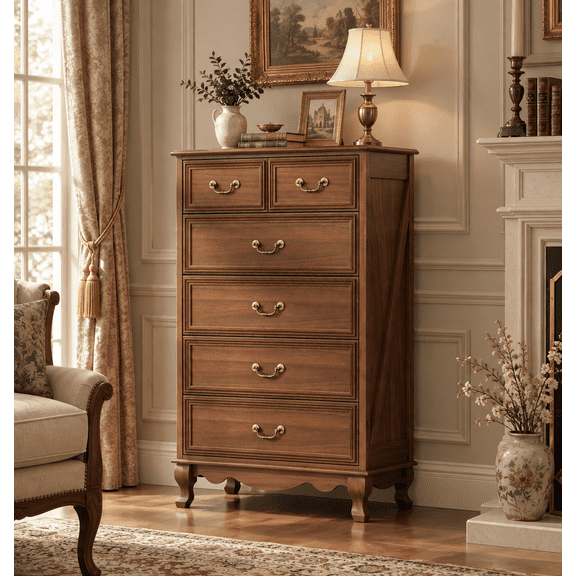 Vintage 6 Drawer Dresser, Elegant Wood Storage Chest with Classic Design, Large Bedroom Organizer Cabinet with Smooth-Gliding Drawers
