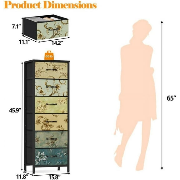 Vintage 6 Drawer Dresser with Fabric Bins, Sturdy Metal Frame, Wood Top for Bedroom, Living Room, Nursery