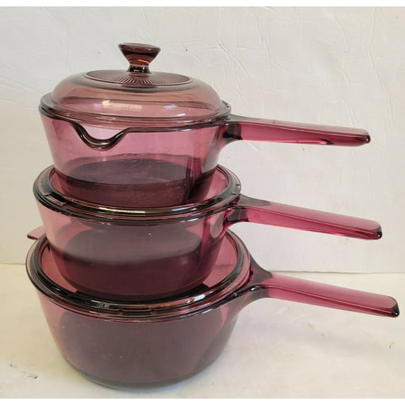 Vintage 6 Piece Set - Corning Visions Visionware Cranberry Sauce Pan Set w/ Lids - 1 Litre, 1.5 Litre & 2.5 Litre