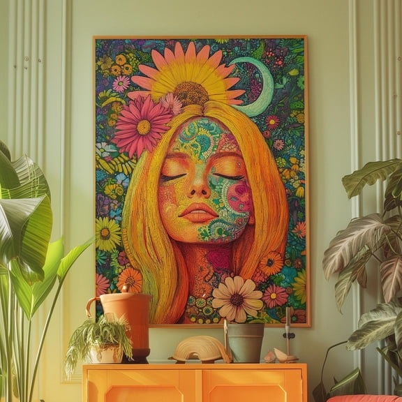 Vintage 60S 70S Aesthetic Art Print, Retro Groovy Peace Poster Nostalgic Home Decor, Hippie Girl Wall Art, Colourful Flowers Maximalist Art Wall Art, Modern Wall Decor, 24x36 UNFRAMED