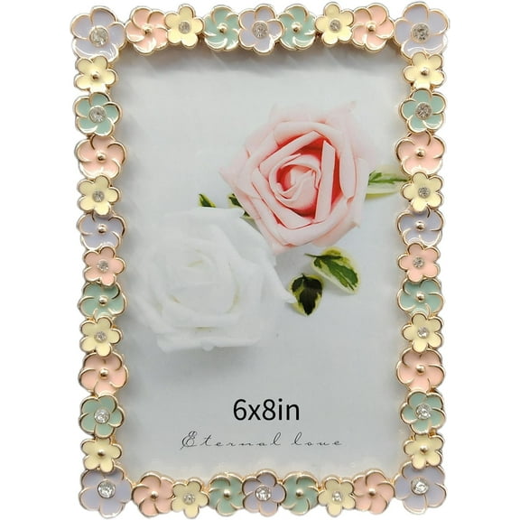 Vintage 6X8in Floral Metal Picture Frame with Enamel Finis Glass Front - Ornate Antique Colorful Flowers Photo FrameTabletop/Wall Display,Perfect Gift Choice