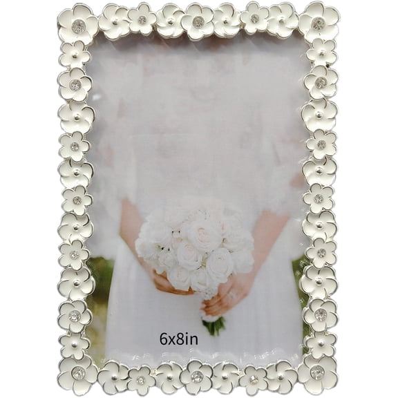 Vintage 6X8in Floral Metal Picture Frame with Enamel Finis Glass Front - Ornate Antique White Flowers Photo FrameTabletop/Wall Display,Perfect Gift Choice