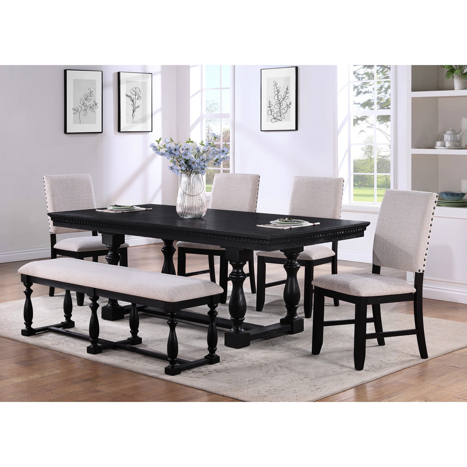Vintage 6pc Dining - Black Rectangular Table, Upholstered Chairs And Bench With Legs In Rustic ...