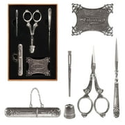 Vintage 6pc Embroidery Tools Kit | Complete Needlework Set Sewing Scissors, Awl, Bodkin, Winding Board, Thimble, Needle Case